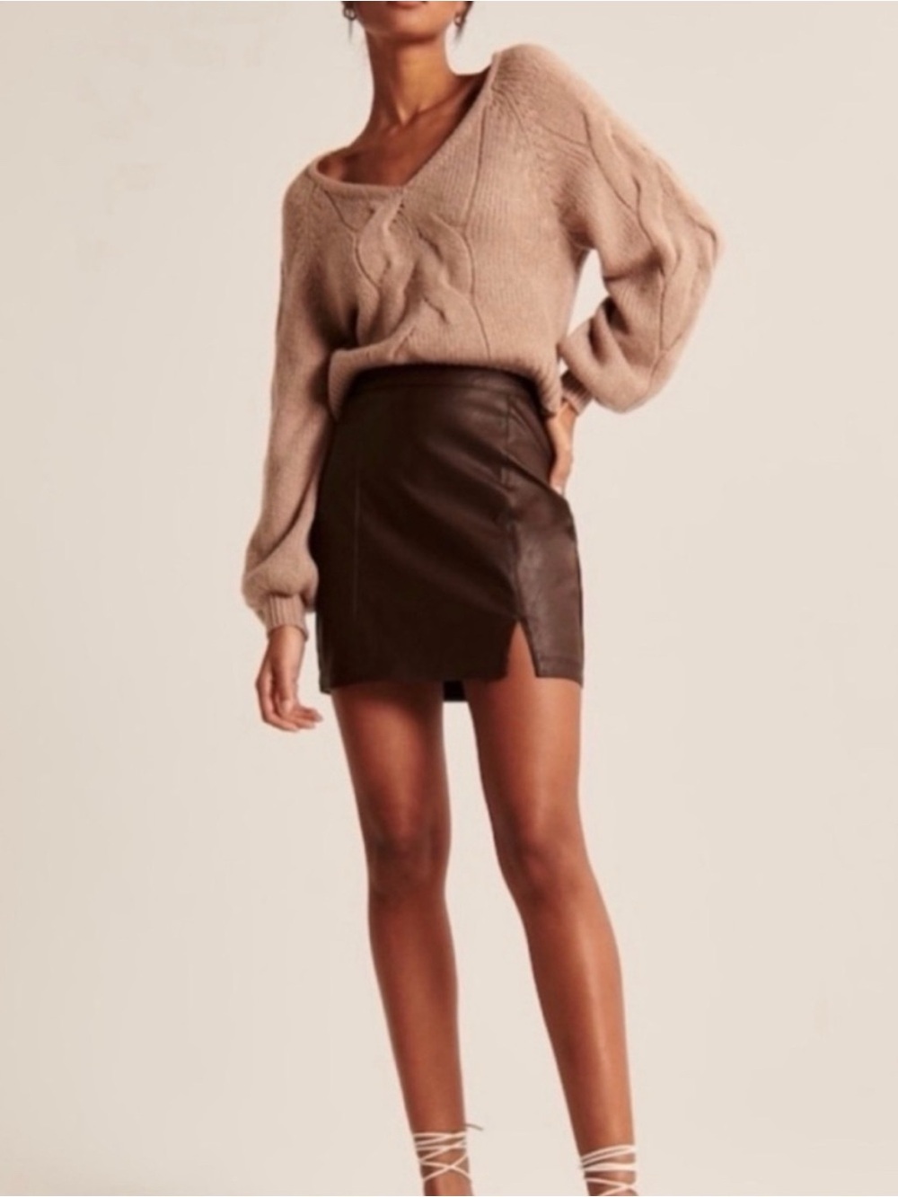 Abercrombie & Fitch Brown Leather Mini Skirt with Front Slit